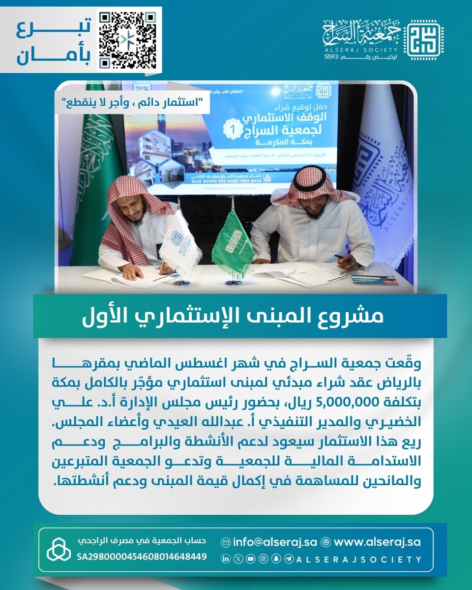AlserajSociety's tweet photo. وقّعت #جمعية_السراج في شهر اغسطس الماضي في مقرها عقد شراء مبدئي لمبنى استثماري بمكة بتكلفة 5,000,000 ريال، بحضور رئيس مجلس الإدارة أ.د. علي الخضيري والمدير التنفيذي أ. عبدالله العيدي, تدعو الجمعية المتبرعين والمانحين للمساهمة في إكمال قيمة المبنى ودعم أنشطتها.

#الاستدامة_المالية https://t.co/WY6dHBs7KP