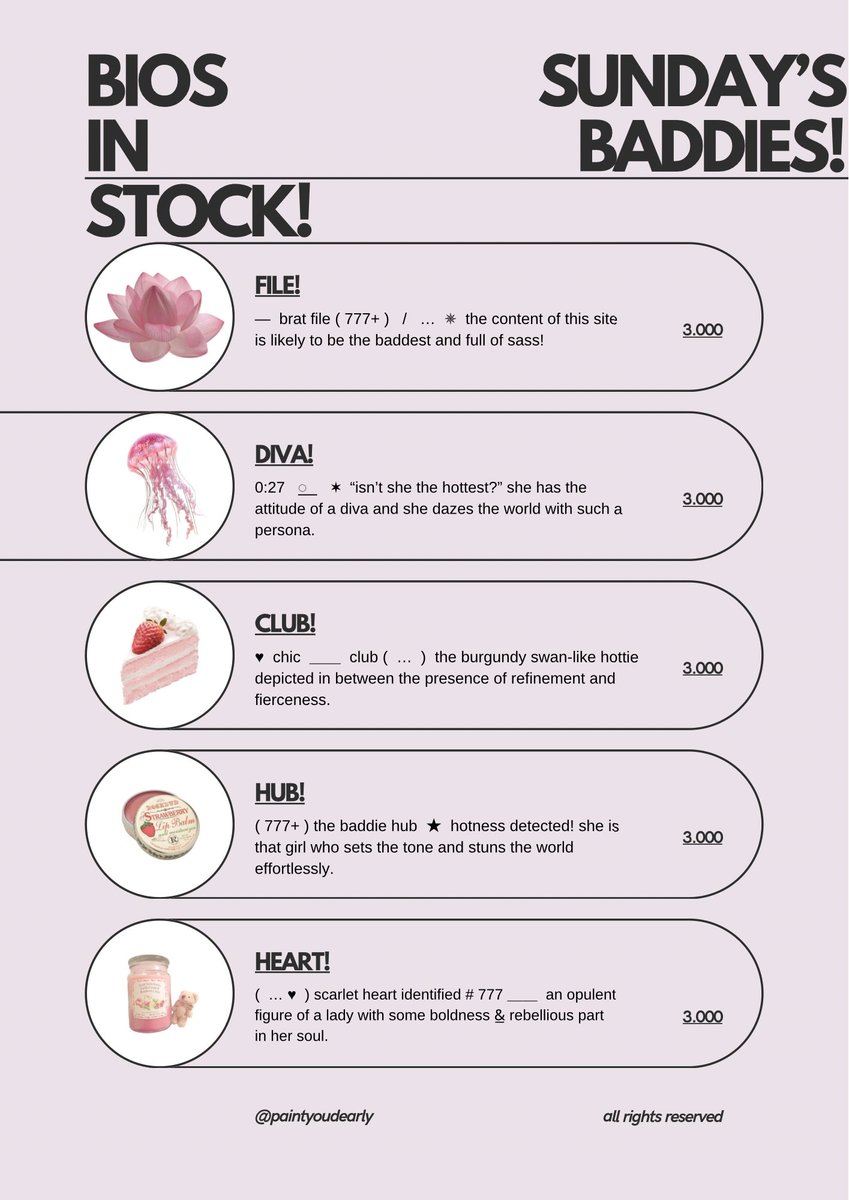 paintyoudearly's tweet image. 𓈒⠀⠀𓏸⠀⠀𓇼 a repost, please? thank you! 🍮🥄 

happy sunday, lovelies! aku punya bio wording ready stock baddies and angels series yang bisa diklaim sekarang juga. 🍧🎀 grab these beauties fast! &amp;lt;3 #zonauang