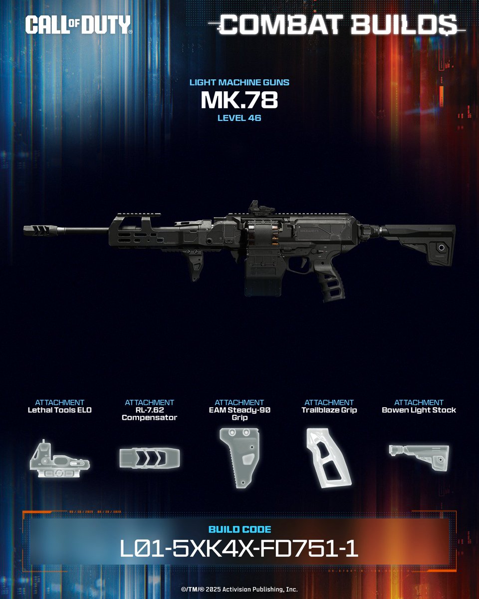 Balanced and responsive: this MK.78 LMG build is tuned for cleaner recoil, faster handling, and improved movement 💪

💥 Equip this build now ➡️ L01-5XK4X-FD751-1 #CallOfDuty #CODCombatBuilds