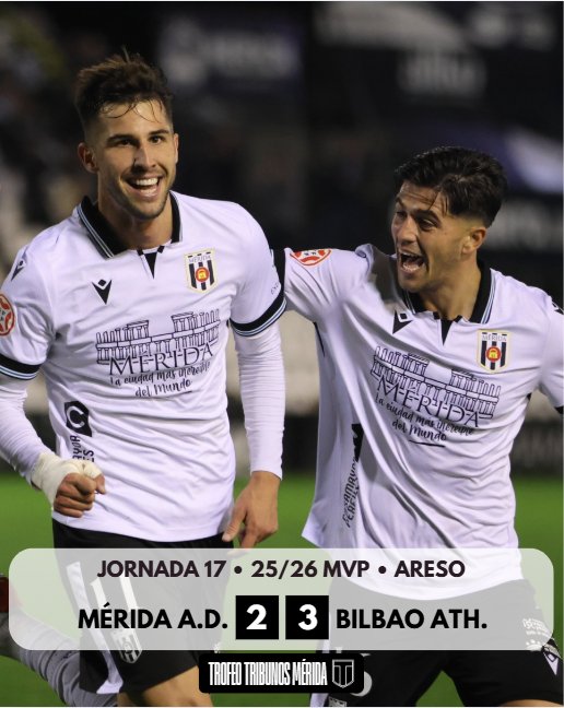<a href="/Merida_AD/">A.D. Mérida</a> 2 - 3 Bilbao Ath.
Goles:
⚽ Capi
⚽ <a href="/areso_7/">Javier Areso</a>
Puntos de la jornada 17:
3 MVP <a href="/areso_7/">Javier Areso</a>
2 <a href="/raulbeneit2607/">Raul Beneit Romero</a>
1 <a href="/adrcsenterics/">Csenterics Adrián</a>