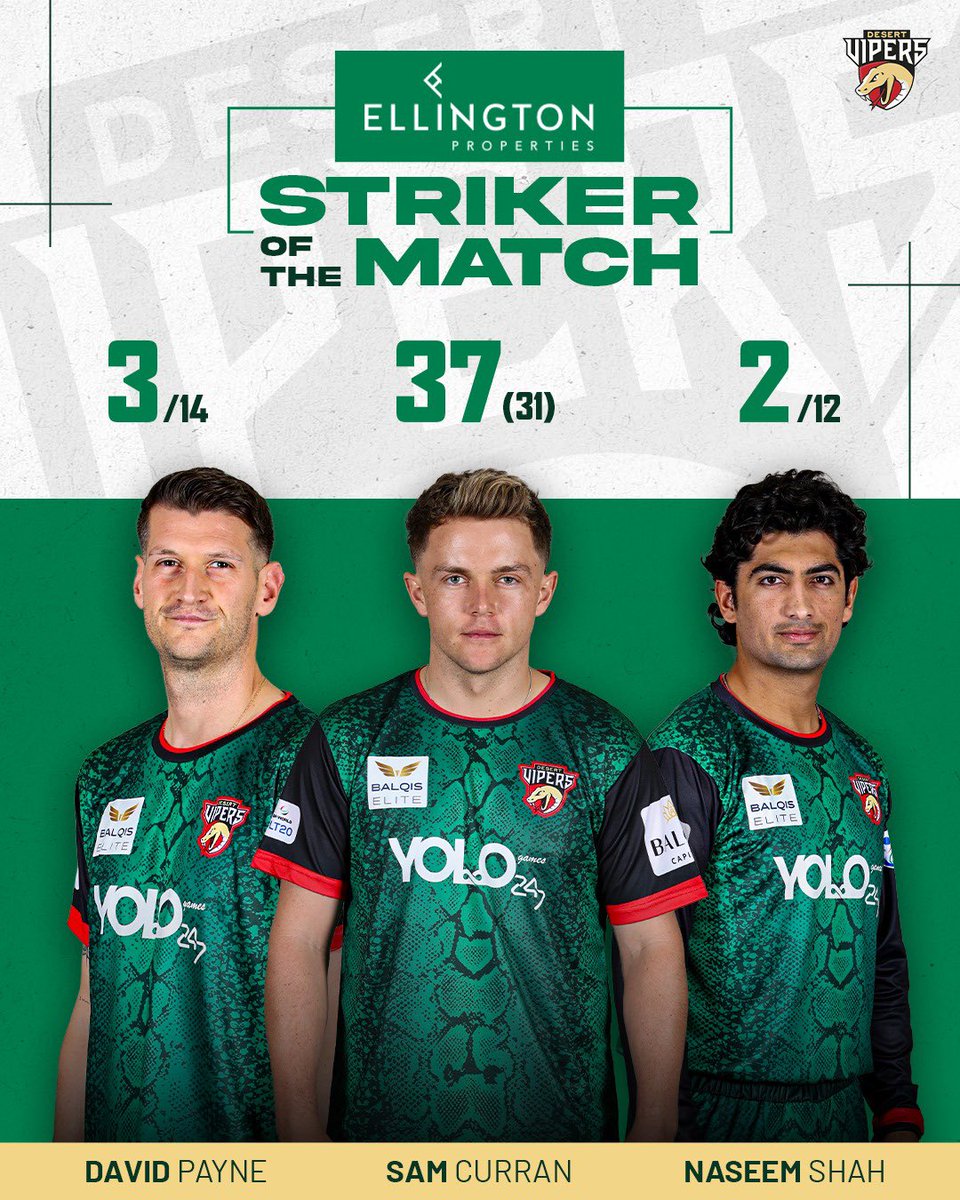 TheDesertVipers's tweet photo. Our captain, leading from the front! ๐ฎโ๐จโก
Sam Curran is our Ellington Properties Striker of the Match. ๐
#DVvSW #DesertVipers #FangsOut https://t.co/8gn0QcDgws