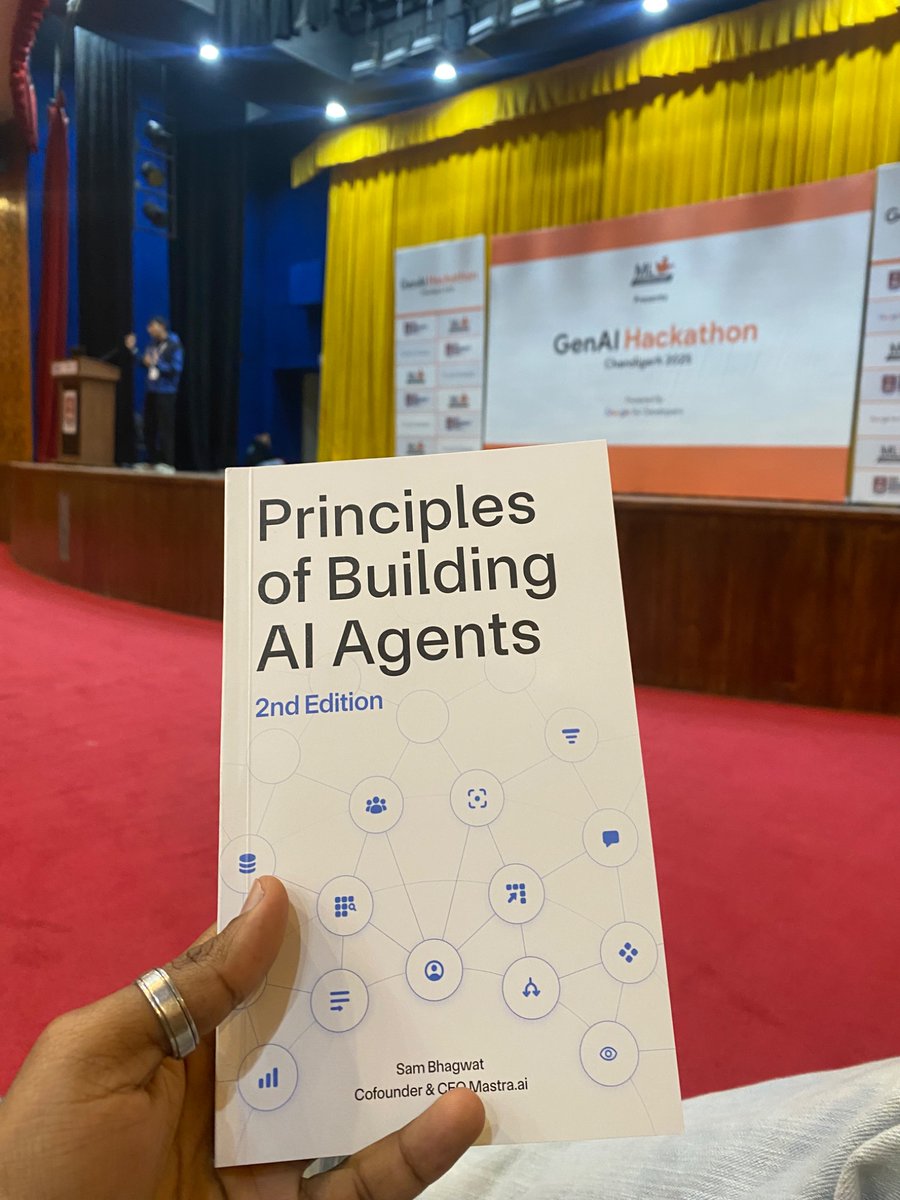 tusharshahkumar's tweet photo. Great energy at the #GenAIHackathon Chandigarh ✨
Pairing hands-on building with solid fundamentals — Principles of Building AI Agents is a perfect companion for this journey. @mastra https://t.co/0EKhabXoVz