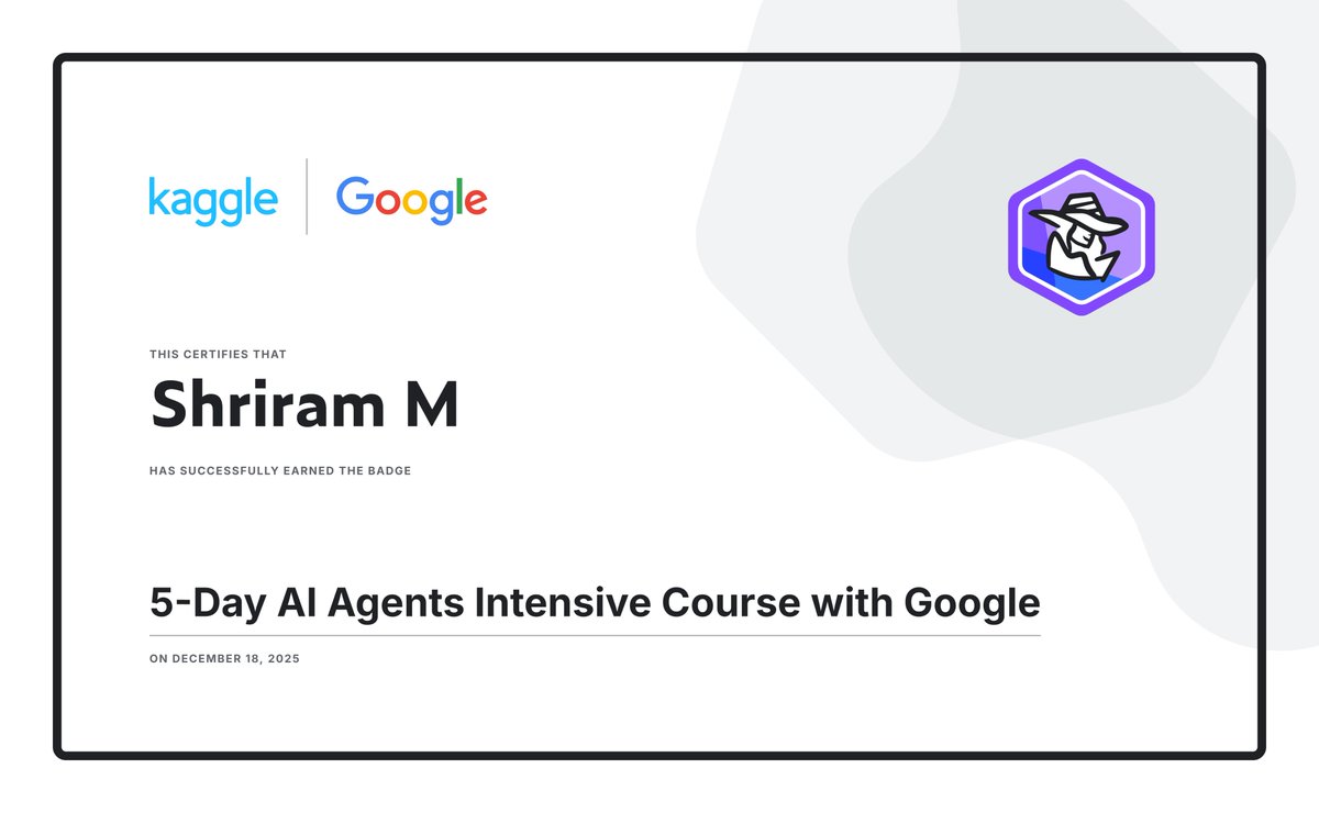 _Shriram_M's tweet photo. Finally, something useful coming out of the last quarter 😅

#Kaggle #GoogleAIAgents https://t.co/c5JydisVjP