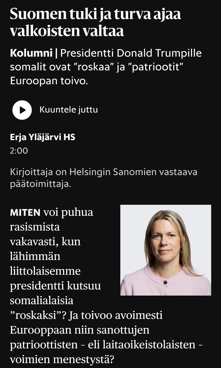 Kenties Erja on tässä oikeilla jäljillä. Katkaistaan yhteistyö ameriikan fascistien kanssa..

..ja viritellään uutta, eettisesti kestävämpää turvallisuusyhteistyötä vaikkapa Somalian kanssa. 
#brainstormaus 💡🤯💩