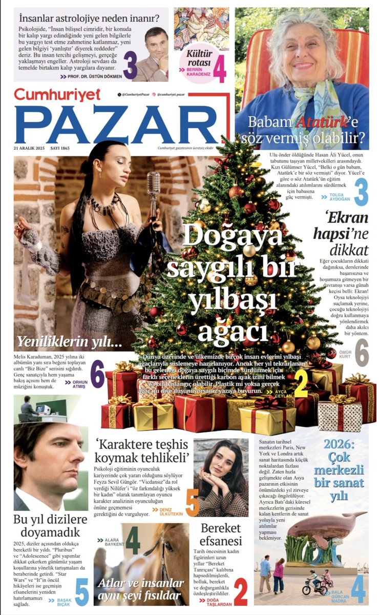 Doğaya saygılı bir yılbaşı ağacı,
Hasan Âli Yücel'in kızı Gülümser Yücel,
Sanatın yeni haritası,
Attan insana dersler,
Melis Karaduman ve Feyza Sevil Güngör,
Yılın göze çarpan dizileri,
Ekran hapsinin tehlikeleri
Bugün Cumhuriyet Pazar'da