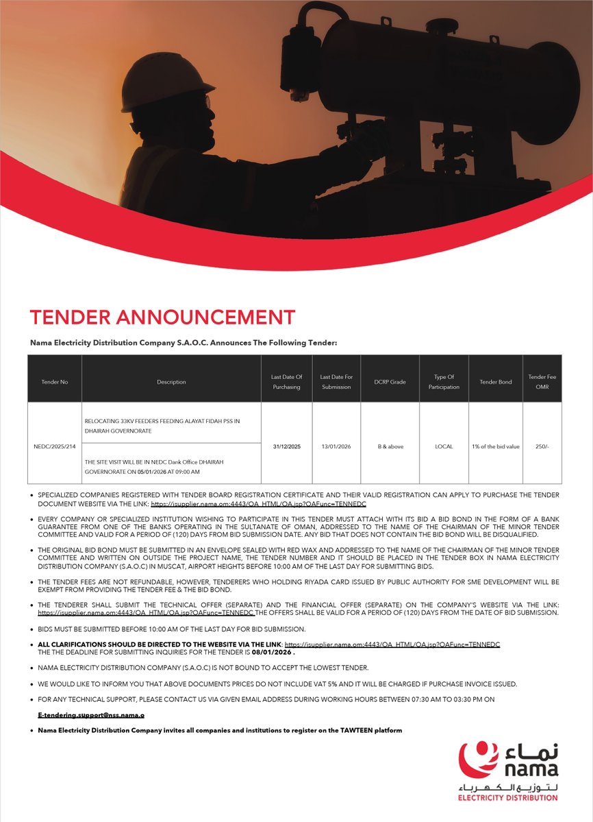 NamaDistribut's tweet image. إعلان طرح مناقصات للمزيد من التفاصيل يرجى زيارة صفحة المناقصات على الرابط التالي.
Tenders Announcement For more details, please visit the tenders page at the following link.
isupplier.nama.om:4443/OA_HTML/OA.jsp…

#نماء_للتوزيع
#NamaDistribution