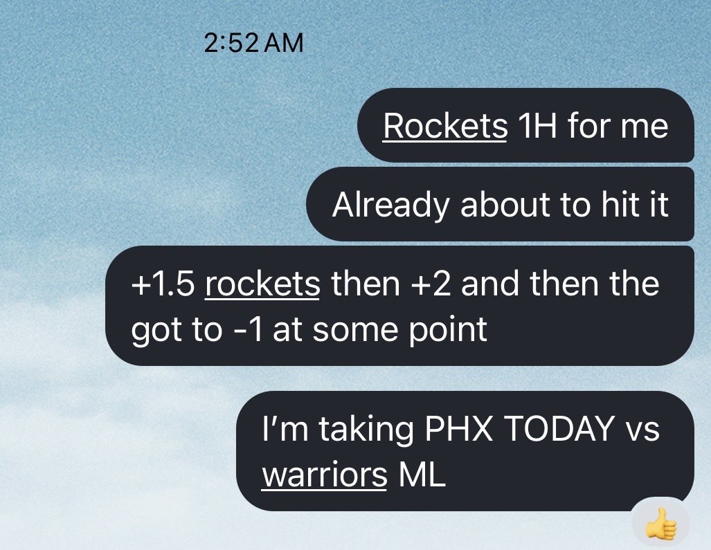 Yesterday. 2:54 AM. Conversation don’t lie.

Rockets 1H covered.
PHX +5.5 dog won outright.

Sometimes it’s not noise.
Sometimes you don’t need 20 angles.
You just feel it… and more importantly, you KNOW it.

That’s not luck. That’s instincts and instincts take years to sharpen.