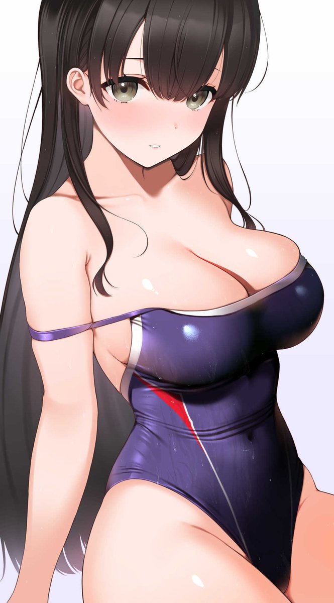 Skebで描かせていただいた競泳水着巨乳黒髪美少女さんです。水着と濡れ表現は描いてて楽しいんじゃ☺️ 