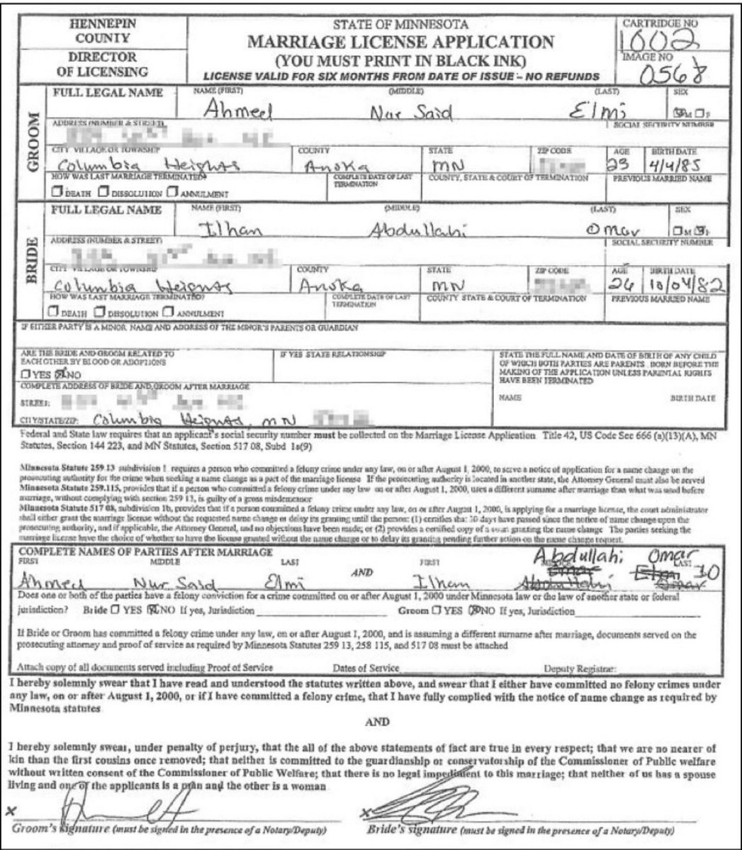 Milajoy's tweet image. Do NOT let this fade. 

Keep the pressure on. 

Ilhan Omar and Ahmed Nur Said Elmi’s (Omar’s BROTHER) marriage certificate.