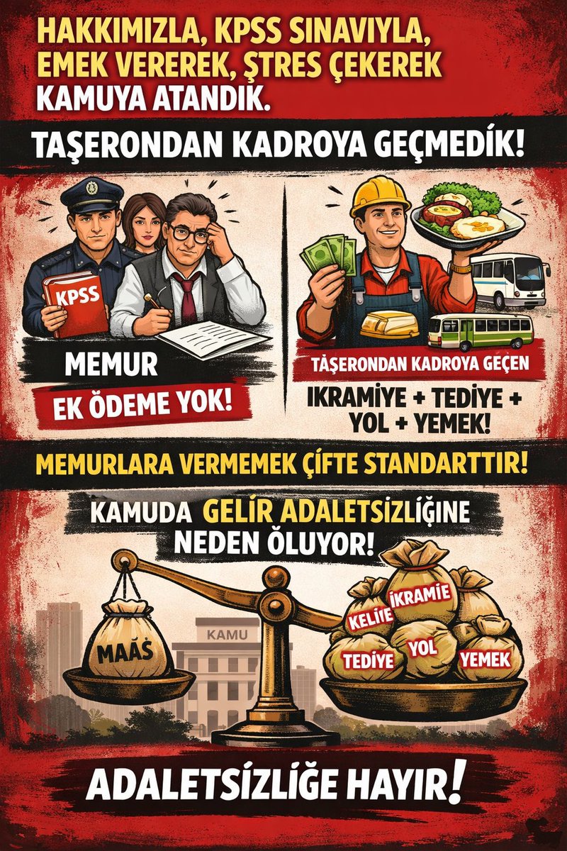 Hakkımızla,KPSS sınavıyla,emek vererek,stres çekerek kamuya atandık. Taşerondan kadroya sınavsız geçmedik! 

Taşerondan kadroya sınavsız geçenlere ikramiye-tediye-yemek-yol ödenirken, memurlara ödenmiyor.

Kamuda gelir adaletsizliği büyüyor!

<a href="/_aliyalcin_/">Ali YALÇIN</a>
<a href="/edipuzen/">Edip Üzen</a>
#memur