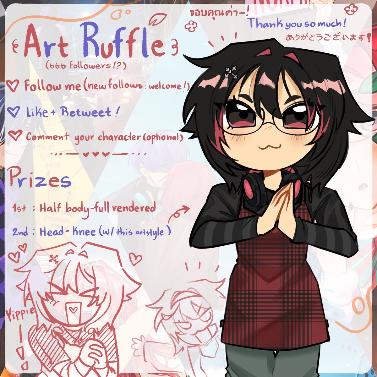 Fumi1590_'s tweet photo. ⤷ ゛Art raffle  ˎˊ˗ 𑣲

To celebrate 666 followers as I’d said before,it’s art ruffle time!!!

How to participate 
-follow me (new followers are welcome!)
-like &amp; RT
-comment your character (optional)

There’s 2 prizes and will be ended on 8th January 2026!
#artraffle #Giveaway https://t.co/DadZdUB7Yp
