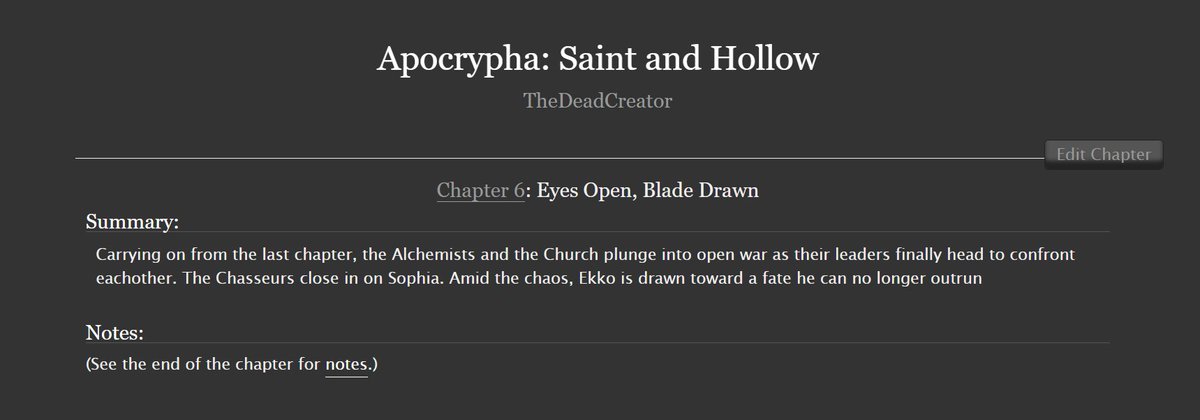 Apocrypha: Saint and Hollow Chapter 6-    
YEAR 616: Eyes Open, Blade Drawn. 

Ekko vs Jinx has took off!

archiveofourown.org/works/74924081…

#fanfiction #TimeBomb