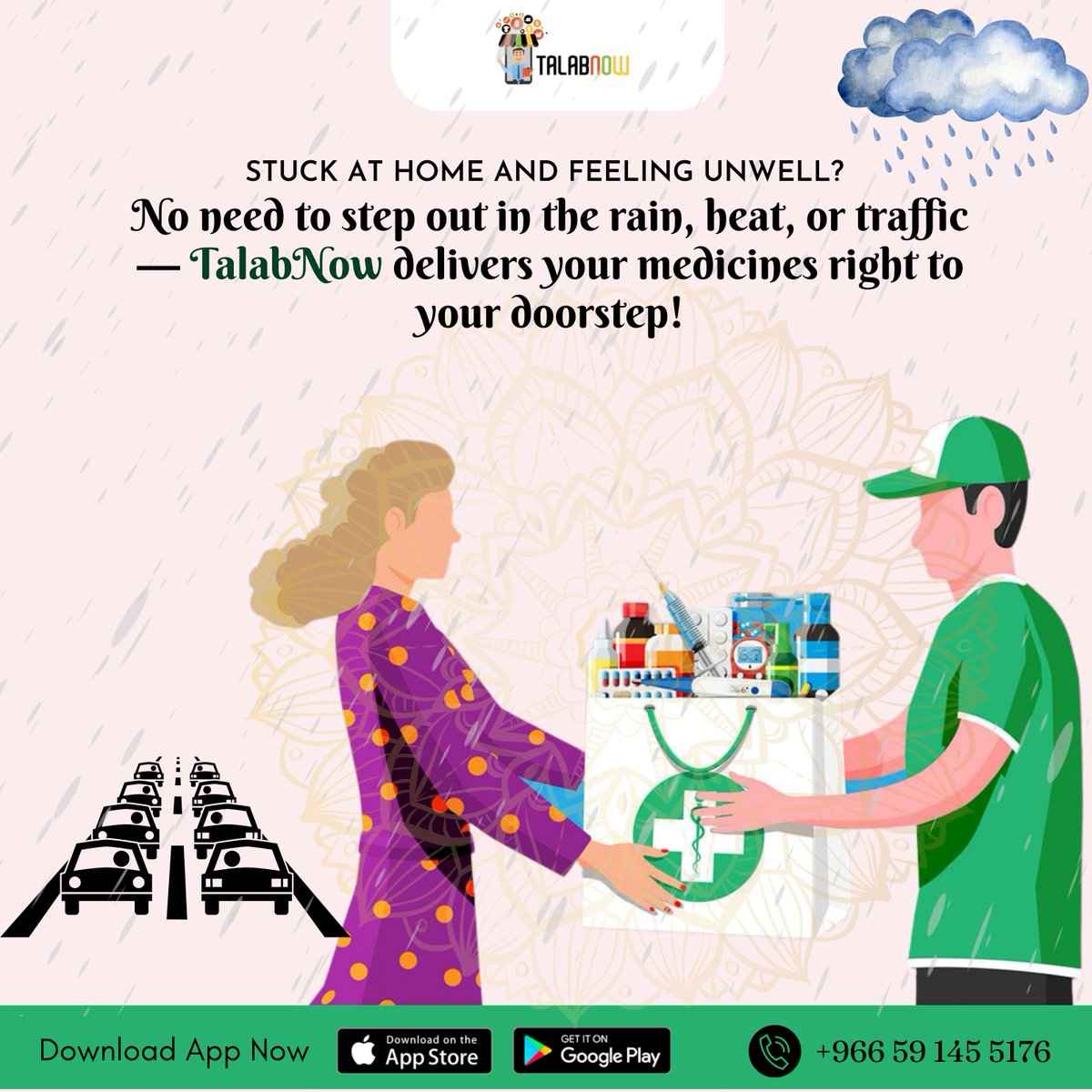 talabnowapp's tweet image. 🏡 Feeling unwell and stuck at home?

Skip the rain, heat &amp;amp; traffic 🚦☔
Get your medicines delivered fast with TalabNow 💊🚀

📞 WhatsApp: +966 591455176
📲 Download now (iOS &amp;amp; Android)
#TalabNow #MedicineDelivery #HealthcareAtHome #StayHealthy