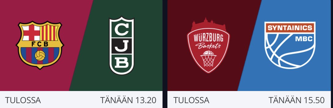🏀Sunnuntai käyntiin 🇪🇸Euroopan kuumimman joukkueen Barcan (7.) isännöidessä Badalonaa (5.) klo 13.20 <a href="/toniflink/">t໐ຖi fliຖk</a> seurassa. Barca teki juuri Euroliigan piste-ennätyksen.

Heti perään 🇩🇪Perttu Blomgrenin Syntainics (3.) Würzburgin (4.) vieraana klo 15.50, selostajana <a href="/TeeVirkkula/">Timo Virkkula</a>