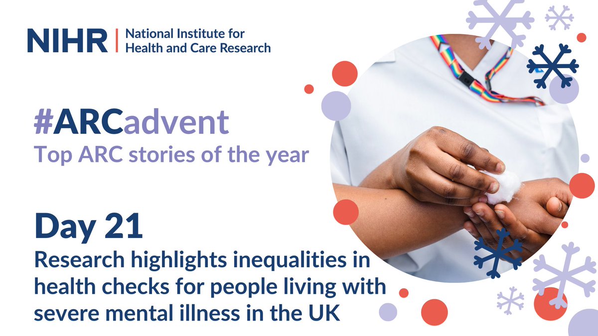 NIHRARCs's tweet image. #ARCadvent day 2⃣1⃣:
Over half a million people in England live with severe mental illness (SMI). Research led by @OfficialUoM and funded by @ARC_GM_ reveals ongoing inequalities in access to annual health checks (AHCs) for people in the UK living with SMI arc-gm.nihr.ac.uk/news/news/NEWS…