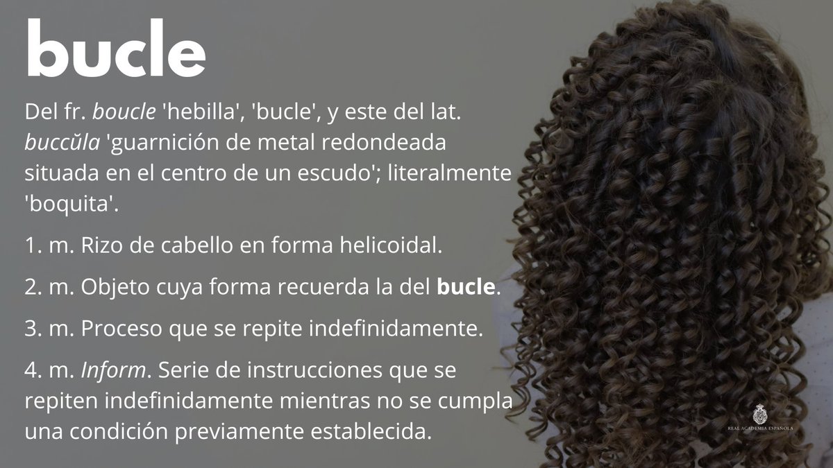 RAEinforma's tweet photo. #PalabraDelDía | bucle

Así usó esta voz el poeta Rafael Alberti:

«El barandal del arpa, desde el pie
hasta el bucle en la nieve, la cubría.
Enredando sus cuerdas, verdecía,
alga en hilos, la mano que se fue». https://t.co/es2Y0cKKND