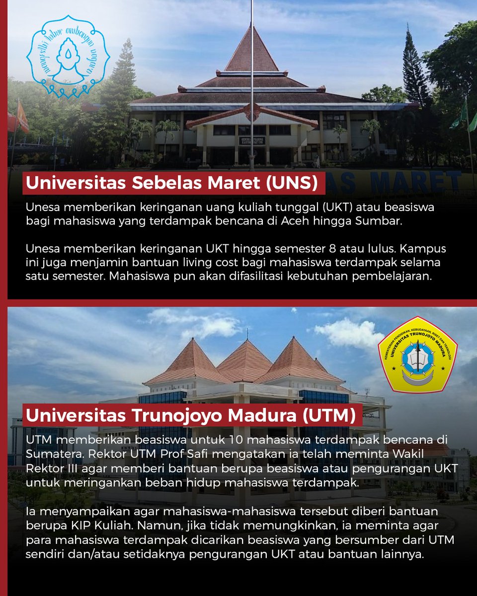 tvOneNews's tweet photo. Sebagai respons atas bencana alam di Sumatra, beberapa universitas di Indonesia menetapkan kebijakan keringanan UKT bagi mahasiswa terdampak.
#Photostorytvone #PerguruanTinggi #CariBeritaditvOne #tvOnenews #PS02 https://t.co/A7t0TDExTG