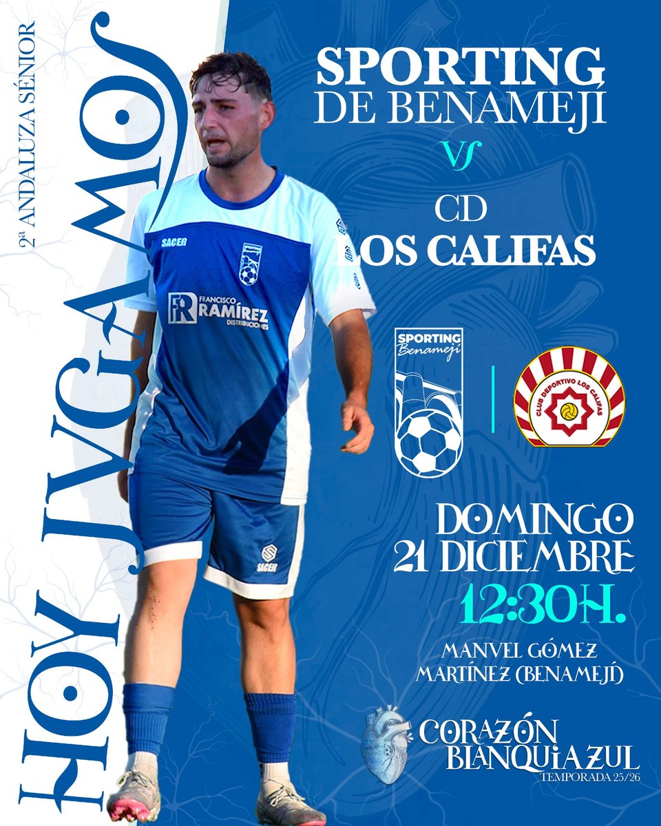 🏟️⚽ HOY JUGAMOS ⚽🏟️
💙🤍 SÉNIOR | 2ª ANDALUZA

📅 Domingo 21 de diciembre
⏰ 12:30 h
🏟️ Manuel Gómez Martínez
🆚 Los Califas

Hoy toca dejarlo todo en casa.
Esfuerzo, compromiso y Corazón...

📣 Os esperamos en la grada...
Porque en nuestro campo…
jugamos todos 💙🤍