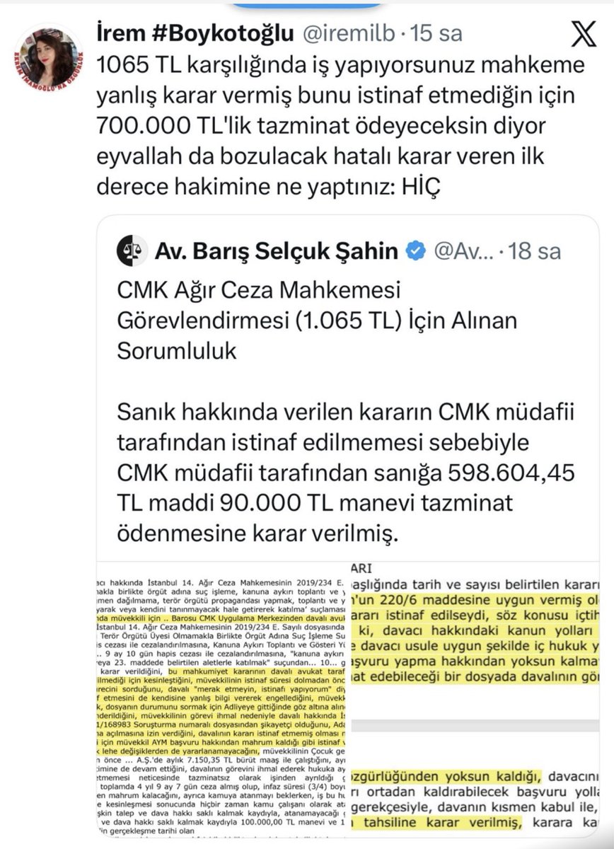 Bu ülkede çok tehlikeli bir eşik aşılmaktadır.

CMK kapsamında 1.065 TL ücretle görevlendirilen bir avukat,
sanık hakkında verilen hükmü istinaf etmediği gerekçesiyle
yaklaşık 700 bin TL tazminatla sorumlu tutulmaktadır.

Bu karar yalnızca bir dosya değildir.
Bu karar, CMK
