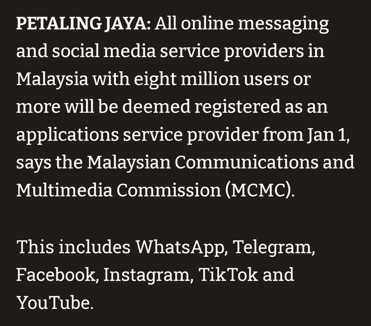 So umm next year malaysia only restricted this 6 platform eh