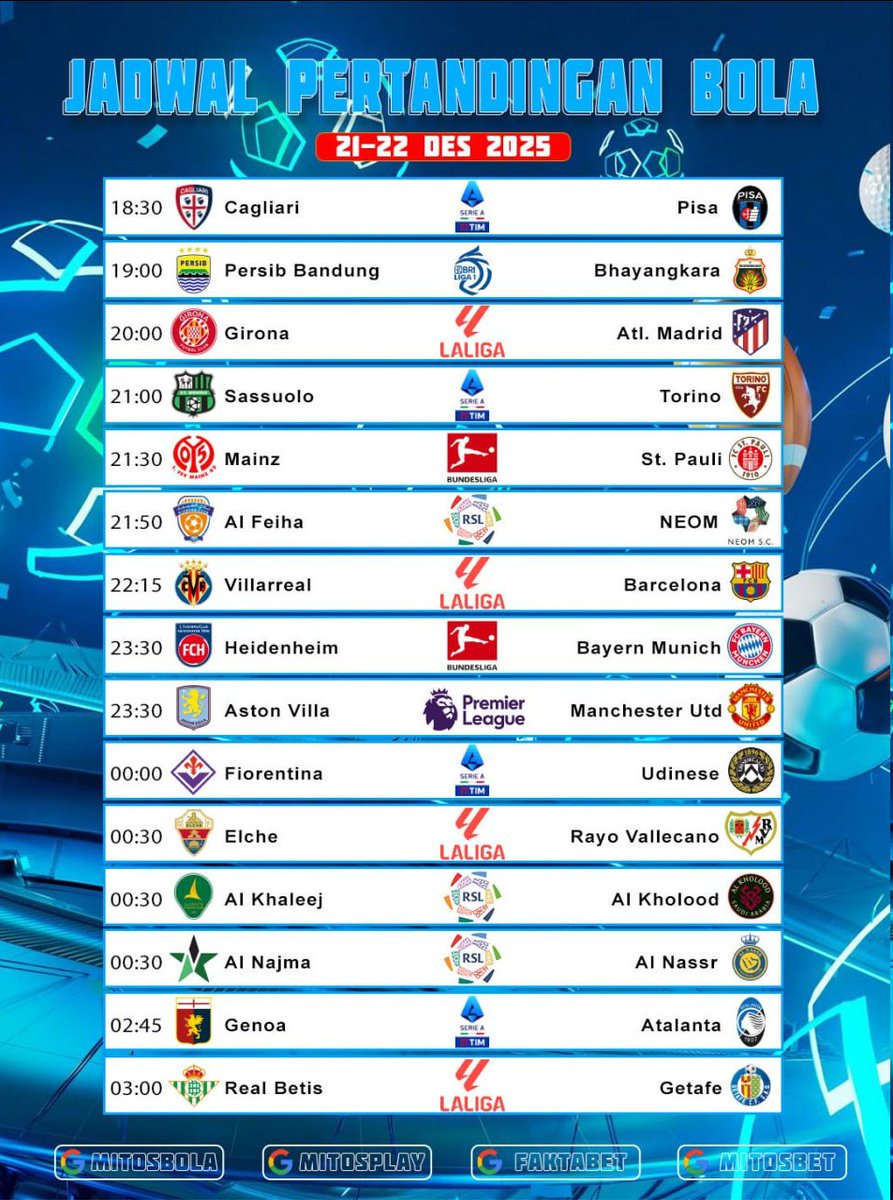 mitosbola_'s tweet photo. Jadwal Bola Hari ini Di Mitosplay

💎Indonesia Liga 1
💎La Liga
💎Italian Serie A
💎Bundesliga
💎Saudi Pro League
💎EPL

Roti O Carmen 
#Apre21Oshi #mitosbola #루정우와7년 https://t.co/noAg0ZU8Jo