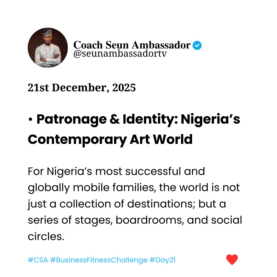 Seun_Ambassador's tweet image. 21st December, 2025 | Patronage &amp;amp; Identity, by Coach Seun Ambassador 

Read Today’s Blog 📄🎯
medium.com/@coachseunamba…

#Art #Identity #Patronage #Nigerians #ReadMyBlog