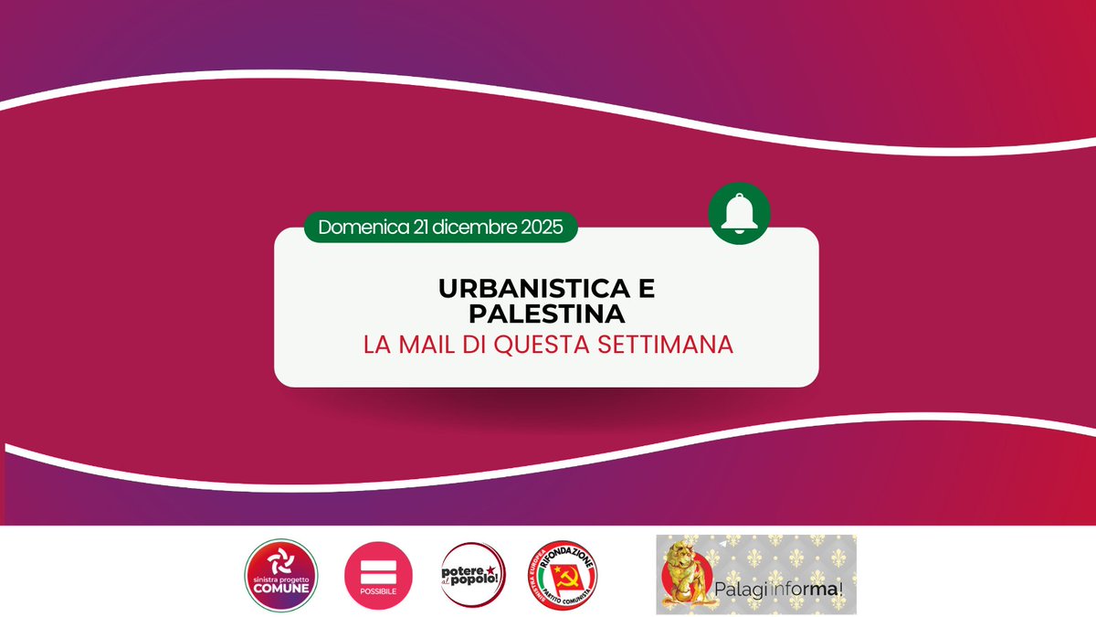 Urbanistica e Palestina.

Si avvicina un periodo di festività, ma non per il Consiglio comunale, con ancora tre sedute da svolgere prima della fine dell'anno. 

Buona domenica e buona lettura! #sinistraprogettocomune #Firenze - mailchi.mp/767d52208d48/u…
