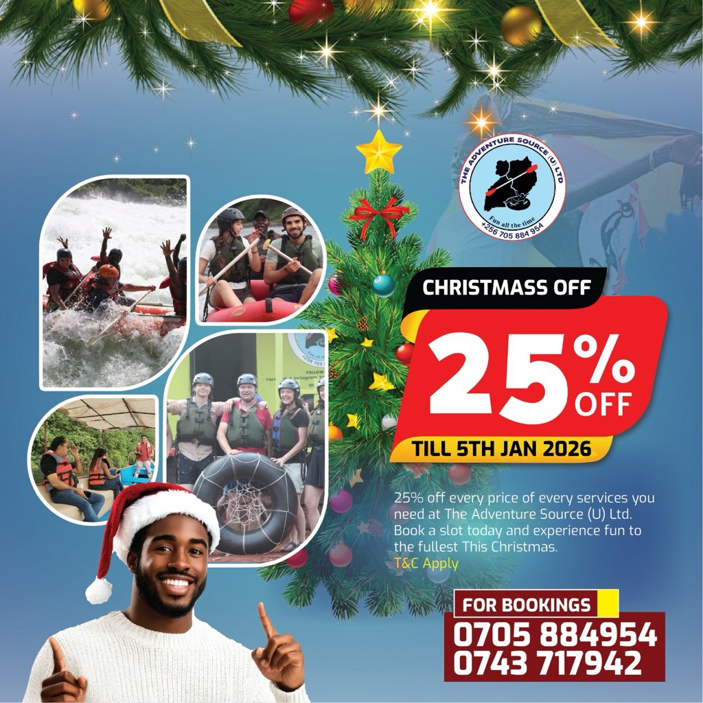 CHRISTMASS OFF 🎉🎄 – Get 25% OFF every service at The Adventure Source (U) Ltd until 5th Jan 2026! 🚣‍♀️🌊 Book your slot now &amp; experience the ultimate adventure this Christmas – fun all the time! 📞 Call 0705 884954 or 0743 717942 to reserve yours. T&amp;C apply. #ChristmasAdventure