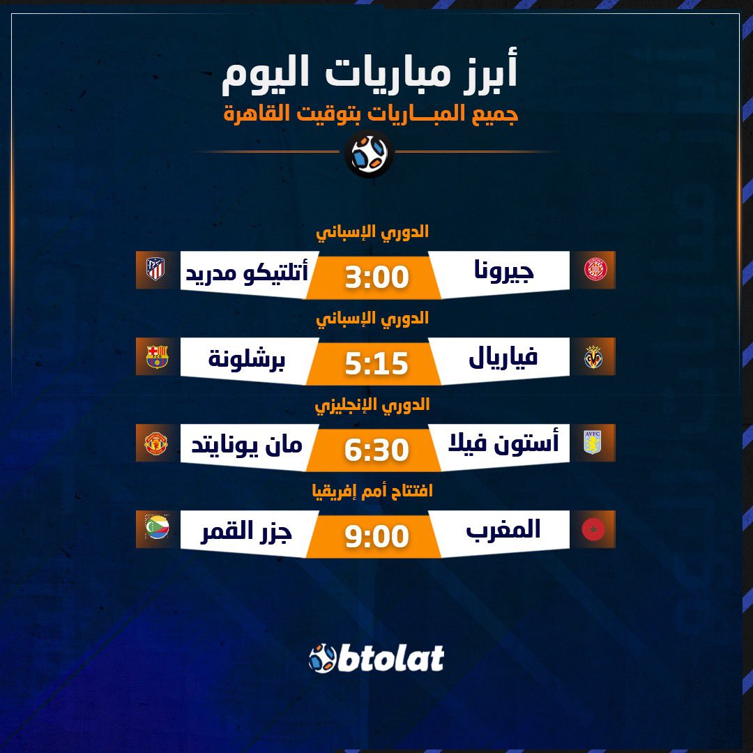 أبرز مباريات اليوم - افتتاح أمم إفريقيا بين المغرب وجزر القمر - برشلونة في مواجهة فياريال بالدوري الإسباني 