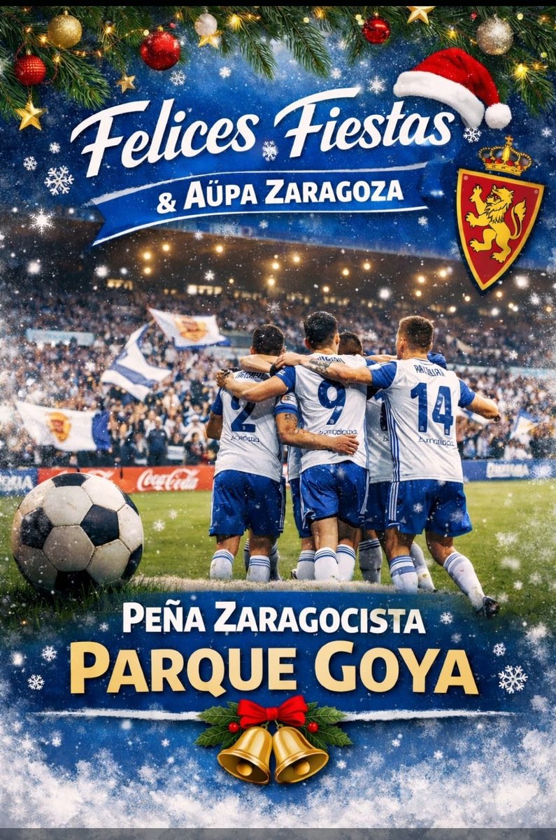 Que esta Navidad nos siga uniendo alrededor de nuestros colores y de la pasión por el Real Zaragoza. ¡Felices fiestas os desea la Peña Zaragocista Parque Goya!”