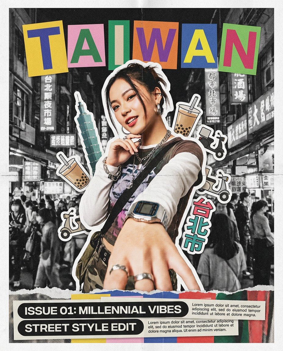 0xbisc's tweet photo. 分享一个我最近打磨的视觉风格：

用 Y2K 拼贴美学重新诠释城市印象，把街头文化、时尚人像和杂志排版糅合成一张纸质拼贴海报。

可以无限定制任何城市千禧年代的潮流杂志封面。背景、符号、美食、地标都会根据城市特色而变化，每次生成都是惊喜✨

提示词太长，所以放在评论区了，只需要替换城市名称就行：