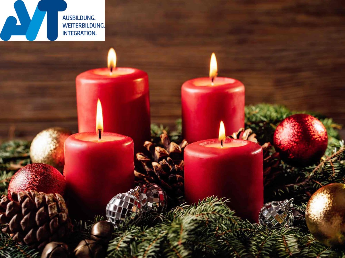 Der AVT wünscht allen Teilnehmenden, Kooperationspartnern, Unternehmen sowie Lehrkräften einen besinnlichen 4. Advent.

Gerne stehen wir Ihnen bis einschließlich 23.12.2025 weiterhin für eine persönliche Beratung zur Verfügung.

#AVT #4Advent #Bildung #Ausbildung #Weiterbildung