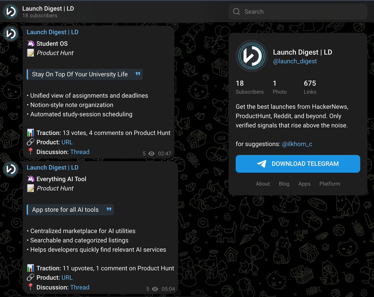 ilkh0m's tweet photo. I love reading about new product launches, but I never have enough time to keep up. 

So I created https://t.co/oTYv78DGGK, a channel with an agent that monitors places like HN, PH, Reddit, and IH, and reposts the most interesting launches.

It solved my problem https://t.co/OUnwWYF1cz