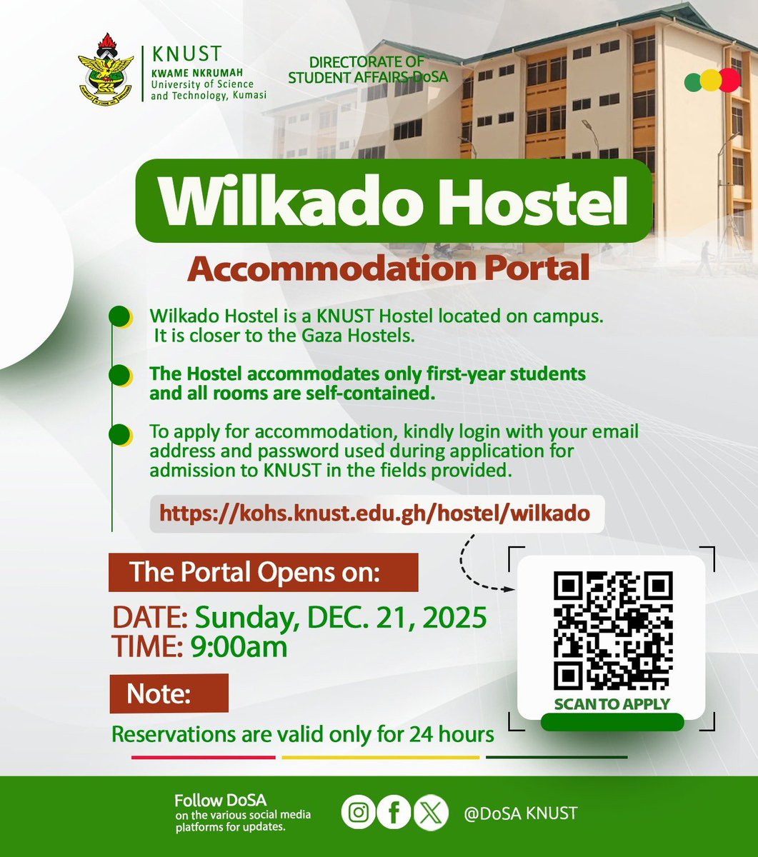 Kindly be informed that the KNUST Wilkado Hostel, which is exclusively for newly admitted students, will open its application portal as follows:

🗓 Date: Sunday, December 21, 2025
⏰ Time: 9:00 AM

All eligible students are advised to take note and apply promptly once the portal
