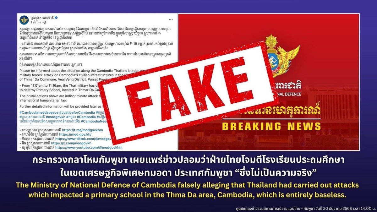 กระทรวงกลาโหมกัมพูชา เผยแพร่ข่าวปลอมว่าฝ่ายไทยโจมตีโรงเรียนประถมศึกษาทในเขตเศรษฐกิจพิเศษทมอดา ประเทศกัมพูชา "ซึ่งไม่เป็นความจริง"

#TeamThailand
#PeaceBeginsWithTruth
#TruthFromThailand
#CambodiaFiredFirst
#ThailandSelfDefense
#oneteamทัพไทย