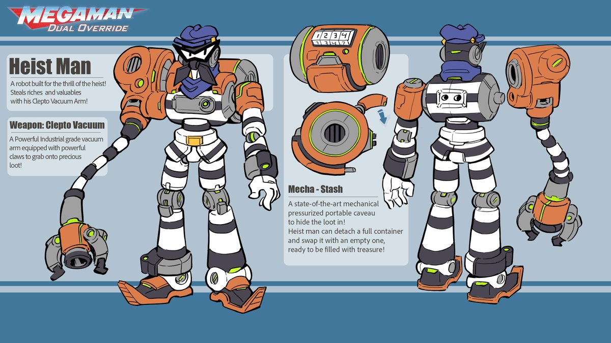 Here’s my entry for <a href="/capcom/">Balmore</a> Robot Master Design Contest !

Pen Name: Gio Ferrari

Robot Master name: Heist Man

Description: A robot built for the thrill of the heist! Steals riches and valuables with his Clepto-Vacuum Arm!

#MegaManDO #DesignARobotMaster