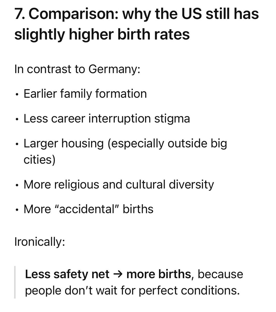 sergeynazarovx's tweet image. That’s interesting.

Even though Germany offers far more support for parents (paid parental leave, “free” births) than the US, its birth rate is still slightly lower.

9–9.3 births per 1,000 people in Germany

and about 12.0 births per 1,000 people in the US

The issue is simple:…