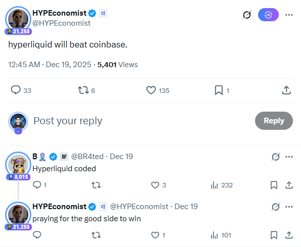 Web3Veteran1's tweet image. 演都不演了，摊牌了！
@HYPEconomist  直接喊话：
“#Hyperliquid 要打败 coinbase ！”

是谁给他的勇气了？梁静茹吗？
不，应该是这几天经常被提起的 #HIP-3（Hyperliquid Improvement Proposal 3）

——————

一开始我也有点懵，以为又是什么新叙事。
后来才发现，其实没那么复杂。

HIP-3…