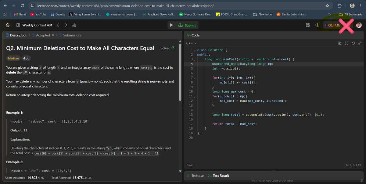 vinayswami2020's tweet image. Weekly Contest 481
 Q2. Minimum Deletion Cost to Make All Characters Equal
#LeetCode #CodingChallenge #Programming #DSA #100DaysOfCode #letsConnect #GFG #developers #WebDevelopment #Java #coderarmy #linkedin