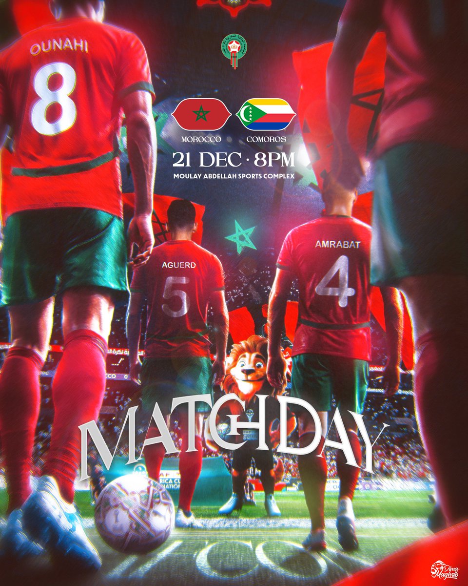 EnMaroc's tweet image. يــــــوم الــمــبــاراة 🇲🇦🇰🇲
 يواجه منتخبنا الوطني منتخب جزر القمر لحساب الجولة الأولى من كأس أمم إفريقيا 🏆

𝙂𝙖𝙢𝙚 𝙙𝙖𝙮 🏟️
Opening match for our National Team at #AFCON25 vs Comoros. 𝗧𝗶𝗺𝗲 𝘁𝗼 𝗿𝗼𝗮𝗿 𝗟𝗶𝗼𝗻𝘀 🦁

#DimaMaghrib