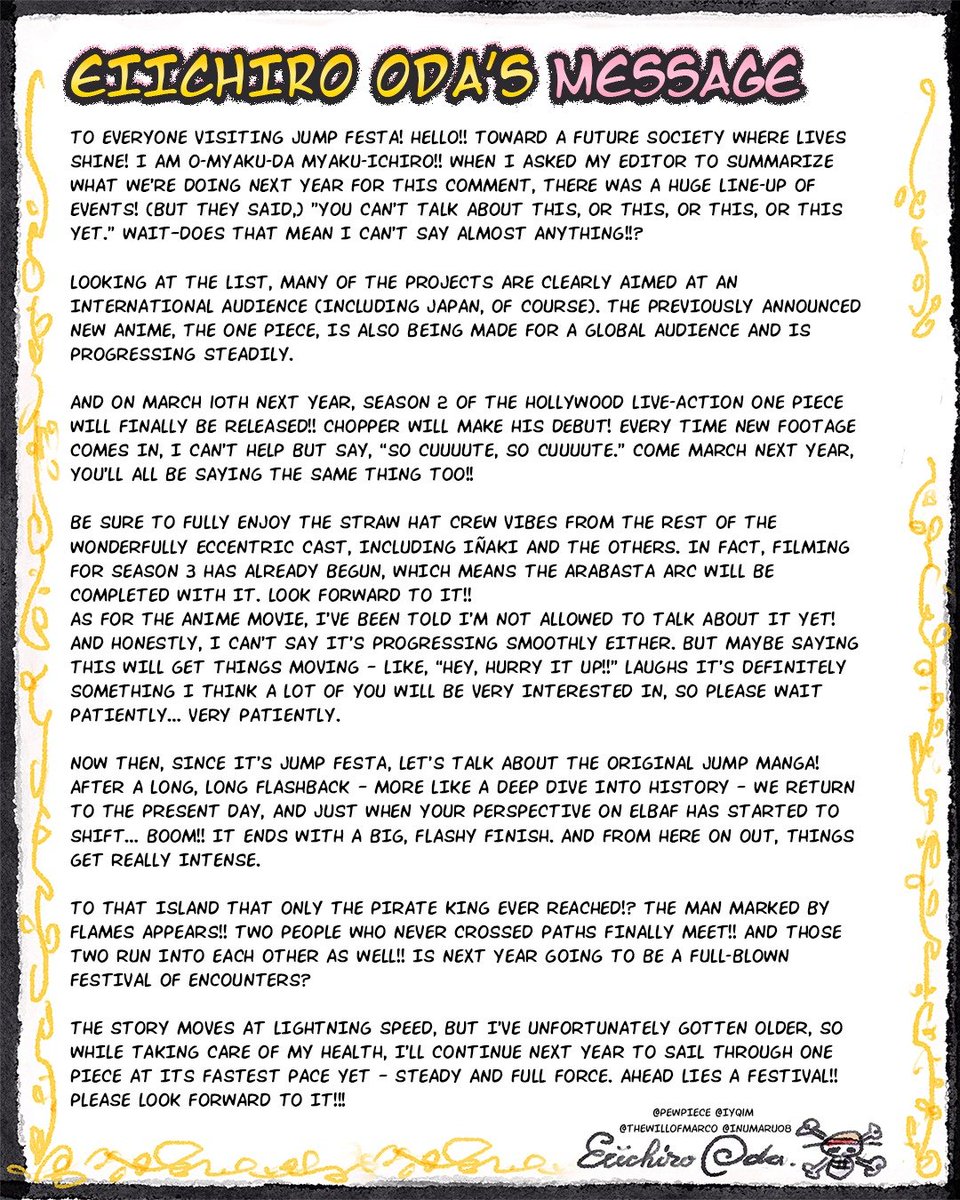 EIICHIRO ODA FULLL MESSAGE FOR JUMP FESTA 2026