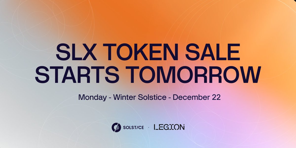 Tomorrow the SLX sale opens on <a href="/legiondotcc/">LEGION</a>.

No VCs, no discounted rounds, no early investor unlocks. Same terms for everyone.

Winter solstice. Shortest day, longest night, and then the light returns.

legion.cc/solstice