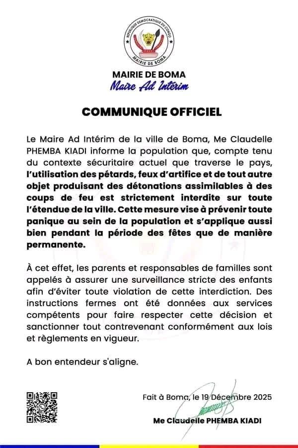 ebalemozindo's tweet image. #RDC: #KONGO 
#BOMA. 

Avis important : Fin d'année sans pétards à Boma
​Pour préserver l'ordre public et éviter toute confusion sécuritaire, l’usage de feux d’artifice et de pétards est désormais strictement interdit à Boma. La maire Claudelle Phemba Kiadi appelle à la vigilance