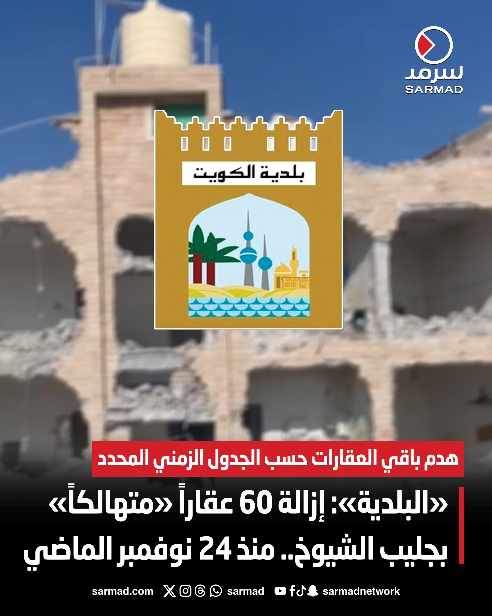 بلدية الكويت: إزالة 60 عقاراً متهالكاً في جليب الشيوخ. منذ بدء عمليات الإزالة في 24 نوفمبر الماضي. هدم باقي العقارات حسب الجدول الزمني 