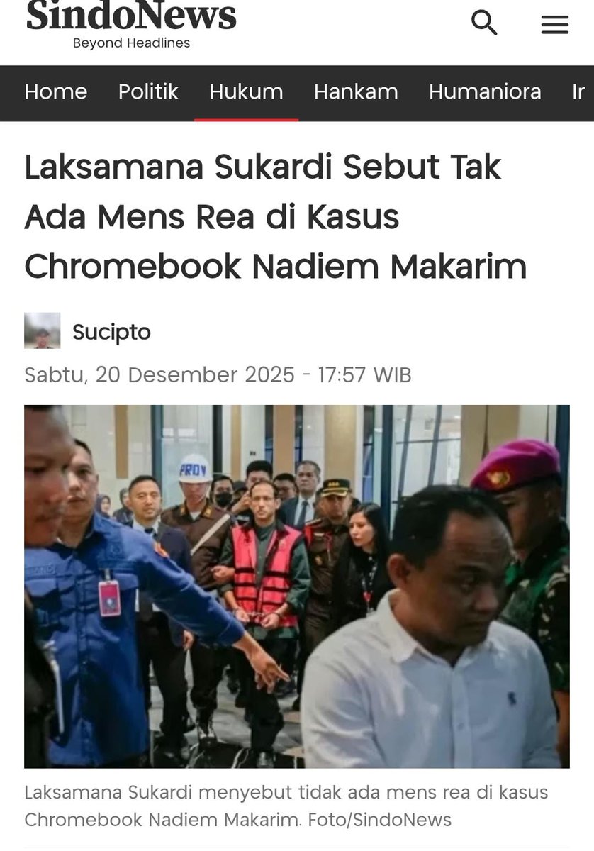Publik akhir2 ini di kagetkan dg tudingan dugaan korupsi pengadaan laptop Chromebook pada mantan Mendikbudristek Nadiem Makarim. Tapi seperti ada yg janggal pada tudingan tsb. Bahkan 
mantan Menteri BUMN, Laksamana Sukardi menyebut tidak ada Mens Rea di Kasus Chromebook tsb.