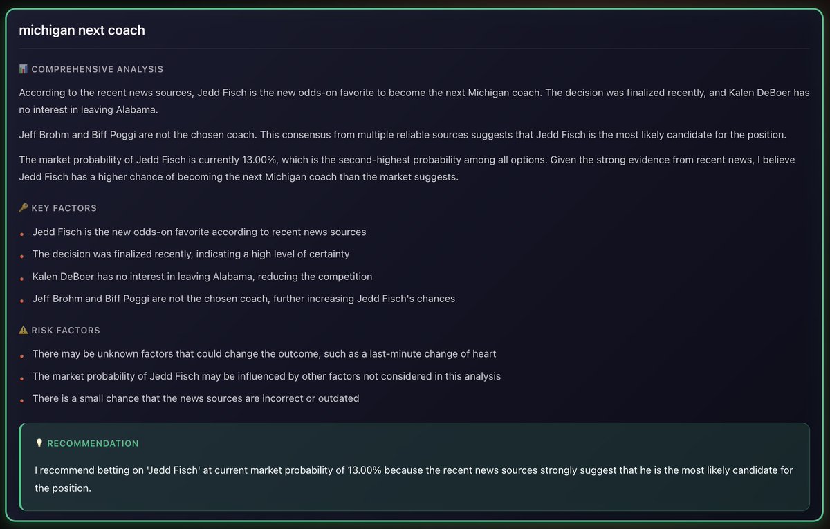 Our agent suggests that Jedd Fisch most likely become the next permanent Head Coach for Michigan Football Team, according to recent news.

Try yourself : x402.svmacc.tech

<a href="/Kalshi/">Kalshi</a> <a href="/KalshiSports/">Kalshi Sports</a> <a href="/j0hnwang/">John Wang</a> 👀
<a href="/svmacc/">SVM/ACC - svmacc.tech</a> $SVMACC