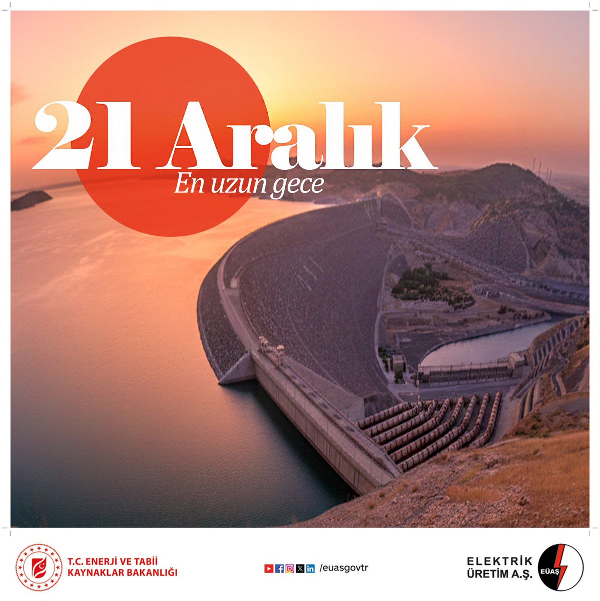 ⚡️ Elektrik Üretim A.Ş. olarak, Türkiye'nin dört bir yanındaki santrallerimizle, gecenin karanlığını kesintisiz enerjiyle aydınlatmak için var gücümüzle çalışıyoruz.
👷‍♂️✨
#EÜAŞ 
#21Aralık 
#EnUzunGece
#Atatürkbarajı