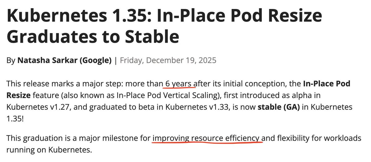 🚀 Kubernetes v1.35 is out. 
It graduates In-Place Pod Resize to stable 🎉

Why is it essential for Java? You can give the pod extra CPU only for startup, then shrink it after. App starts fast,  the Pod uses the right amount of resources always ☕️⚡️

🏷️#java #performance #cpu