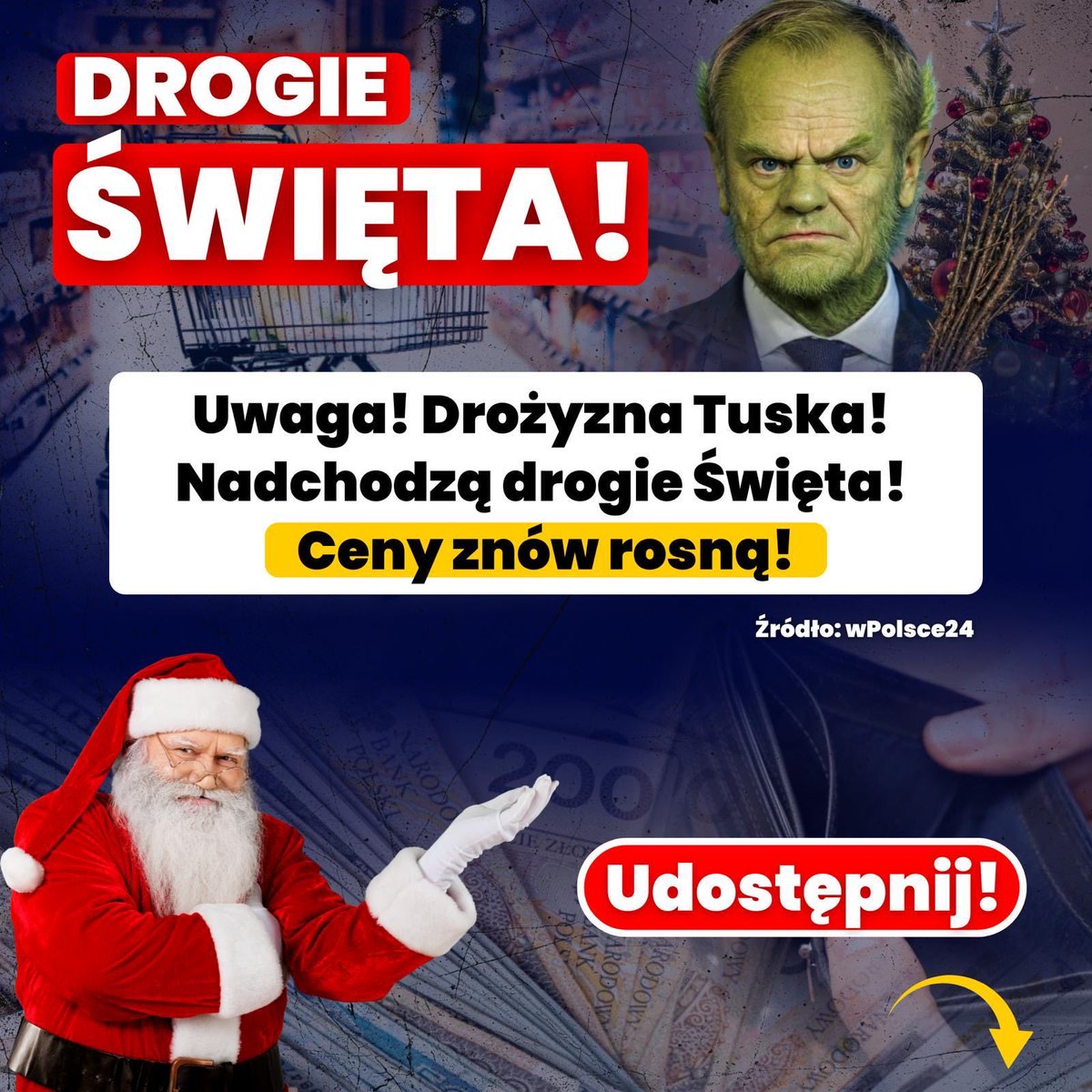 Drożyzna! Prawie 70% Polaków w tym roku ograniczy swoje wydatki świąteczne z uwagi na wzrastające koszty życia. Polacy mówią: stać nas na mniej. Zbliżają się #DrogieŚwięta 
Myślicie, że Tusk i jego ludzie zastanawiają się nad tym?
