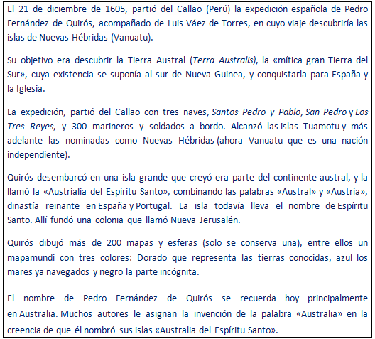 javierleoncio49's tweet image. El 21 de dic de 1605, hoy hace 420 años, partió del Callao (Perú) la expedición española de Pedro Fernández de Quirós, en cuyo viaje descubriría las islas de Nuevas Hébridas (Vanuatu).
@PrensaLaEskina,@australian,@HistoryNSW,@AusEmbEsp,@EmbEspAustralia,#Callao,#Vanuatu,#Australia